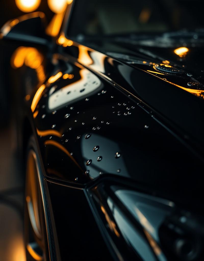 Water beading on freshly waxed glossy black car paint