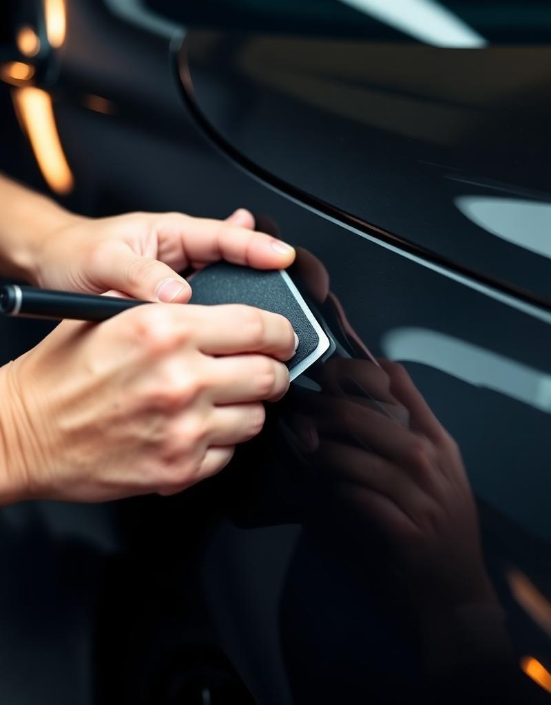 Hands applying a protective coating to a car body panel